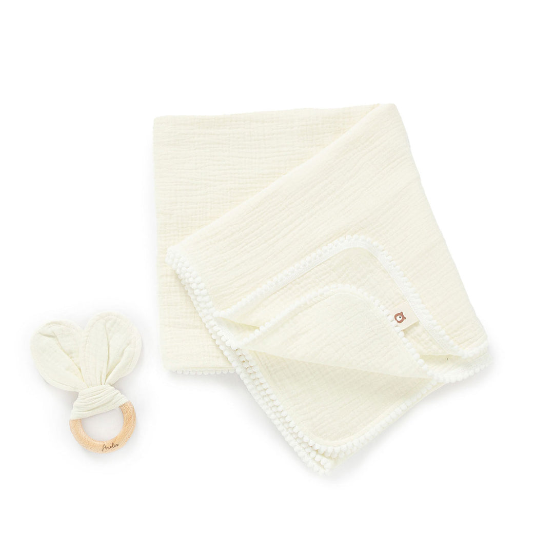 JBØRN Pop Pom Swaddle Organic Muslin Blanket & Teether Set Ivory Muslin - Personalisable Baby Products Sold and Personalised by JustBørn