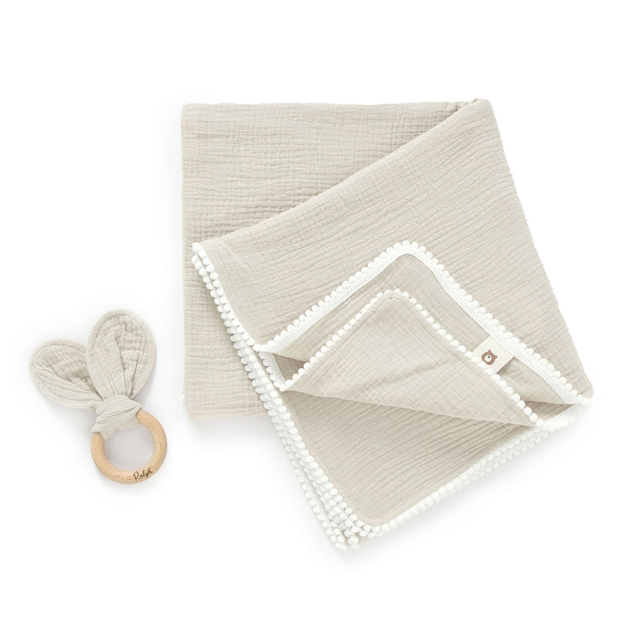 JBØRN Pop Pom Swaddle Organic Muslin Blanket & Teether Set Sandstone Muslin - Personalisable Baby Products Sold and Personalised by JustBørn