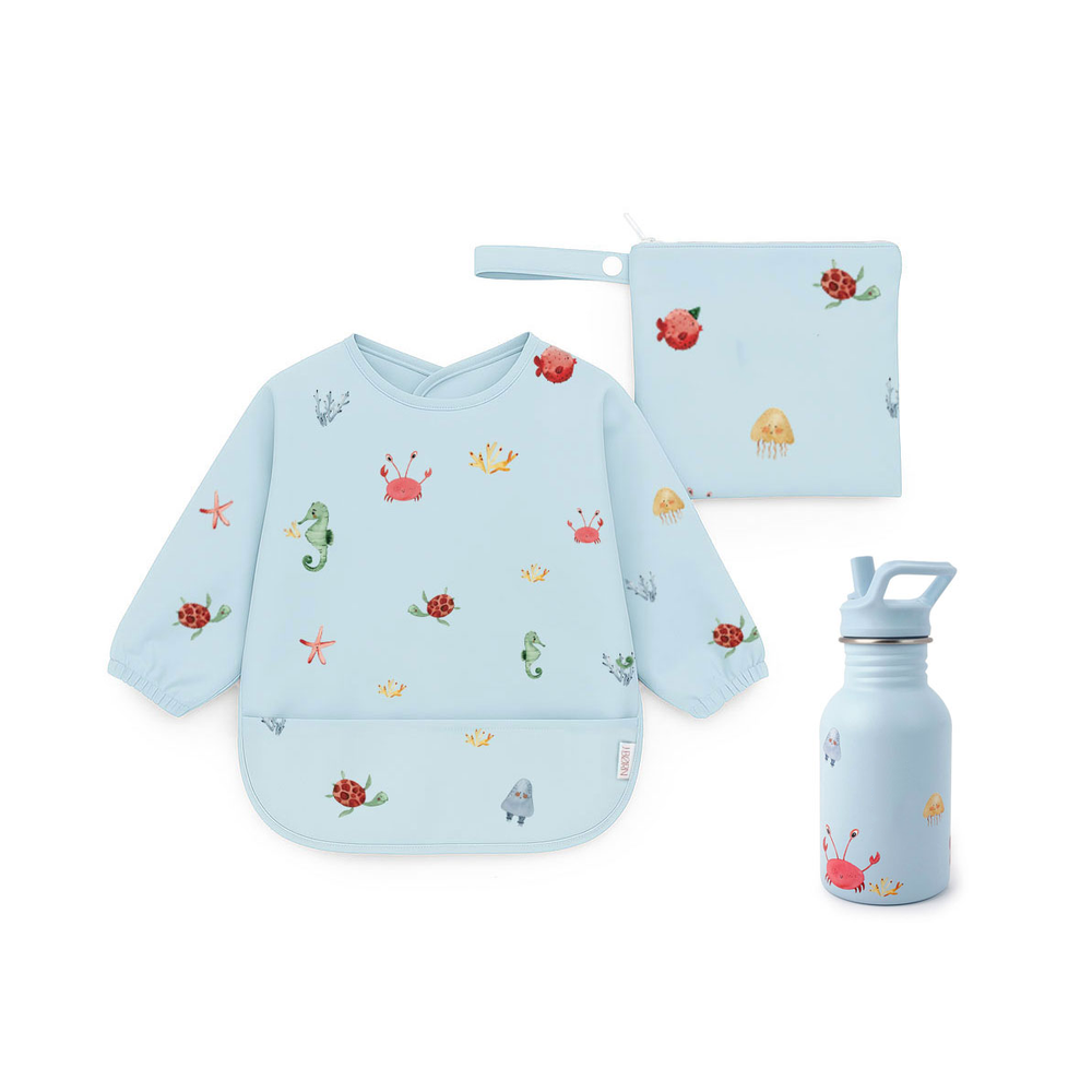 JBØRN First Birthday Gift | Personalised Water Bottle & Matching Sleeved Bib Ocean - Personalisable Baby Products Sold and Personalised by JustBørn