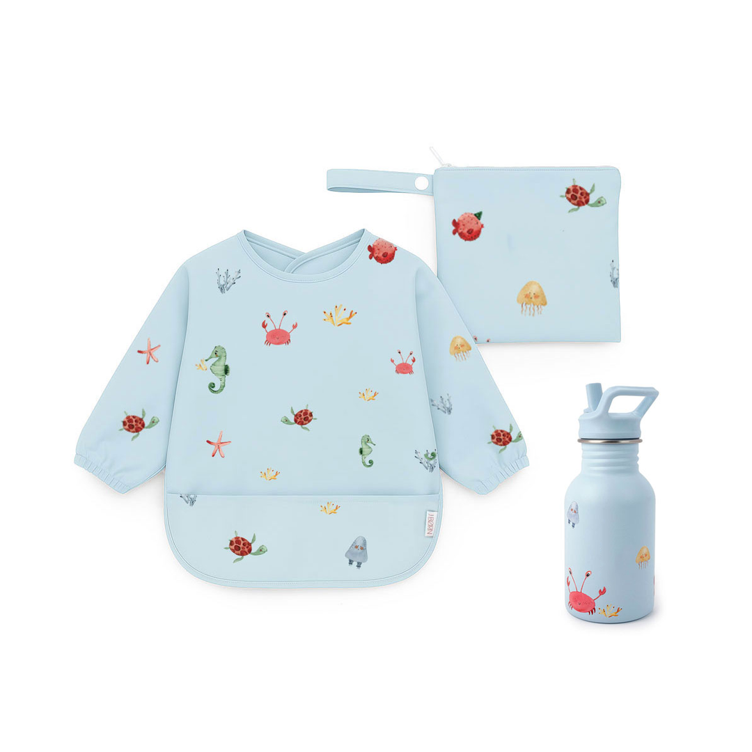 JBØRN First Birthday Gift | Personalised Water Bottle & Matching Sleeved Bib Ocean - Personalisable Baby Products Sold and Personalised by JustBørn