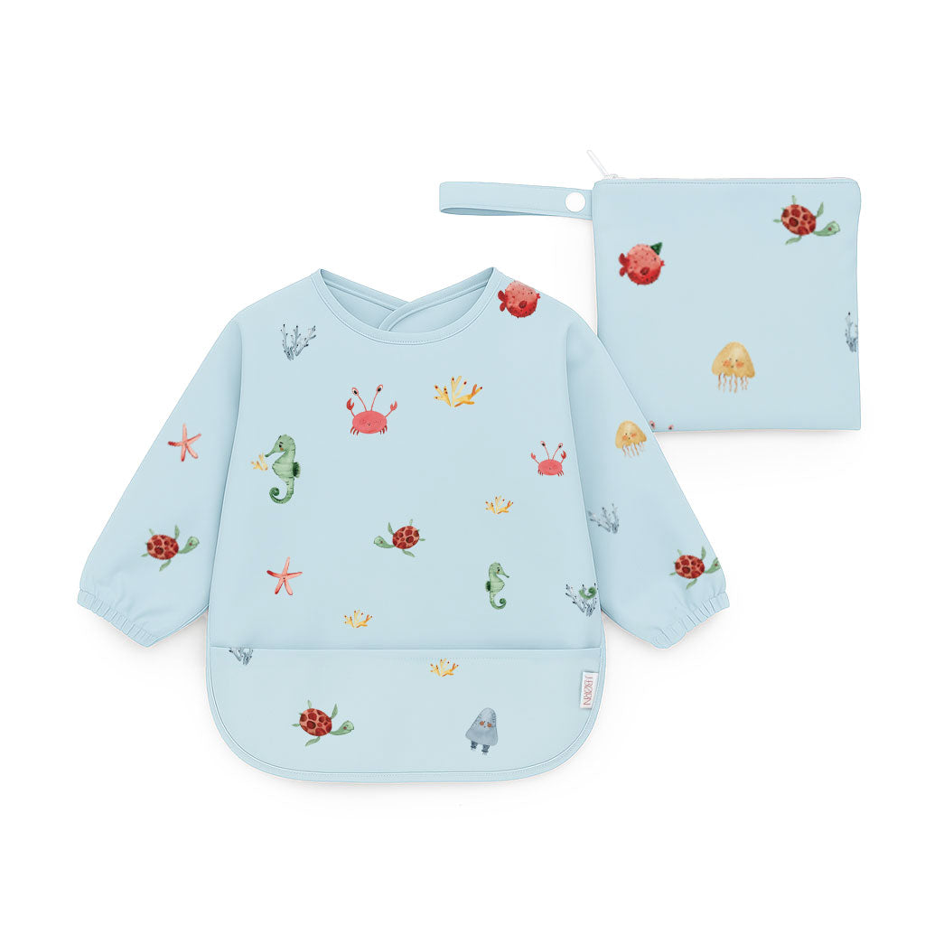 JBØRN Long Sleeve Baby Feeding Bib with Personalised Travel Bag Ocean - Personalisable Baby Products Sold and Personalised by JustBørn