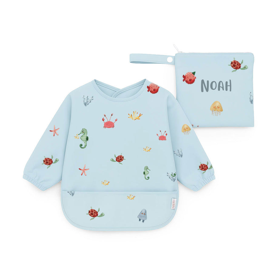 JBØRN Long Sleeve Baby Feeding Bib with Personalised Travel Bag Ocean Yes - Personalisable Baby Products Sold and Personalised by JustBørn