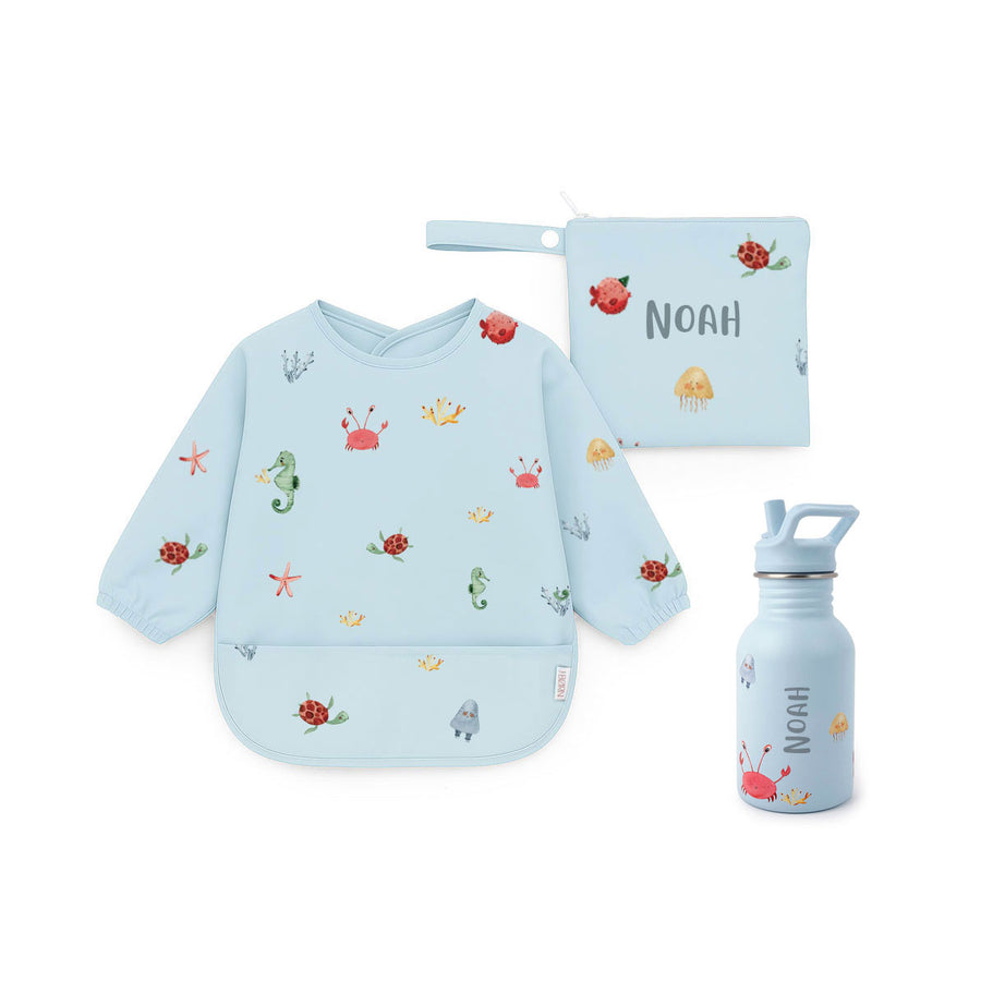 JBØRN First Birthday Gift | Personalised Water Bottle & Matching Sleeved Bib Ocean No Gift Box - Personalisable Baby Products Sold and Personalised by JustBørn