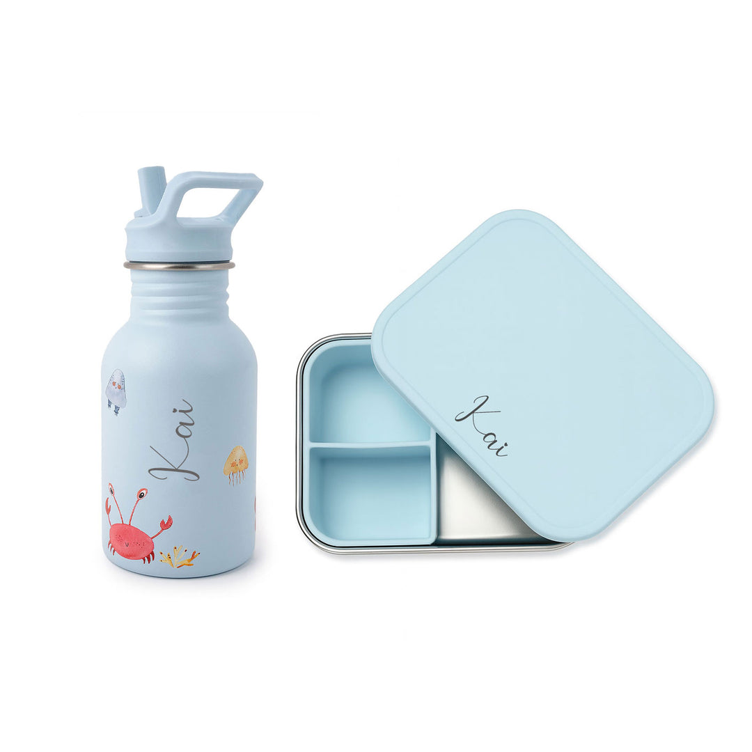 JBØRN Personalised Water Bottle & Lunch Box Set Ocean No Gift Box - Personalisable Baby Products Sold and Personalised by JustBørn