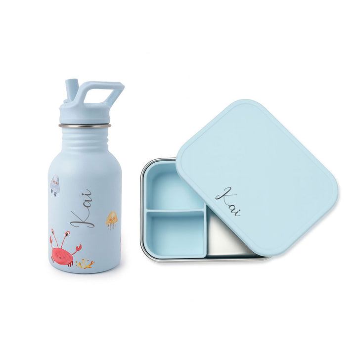 JBØRN Personalised Water Bottle & Lunch Box Set Ocean No Gift Box - Personalisable Baby Products Sold and Personalised by JustBørn
