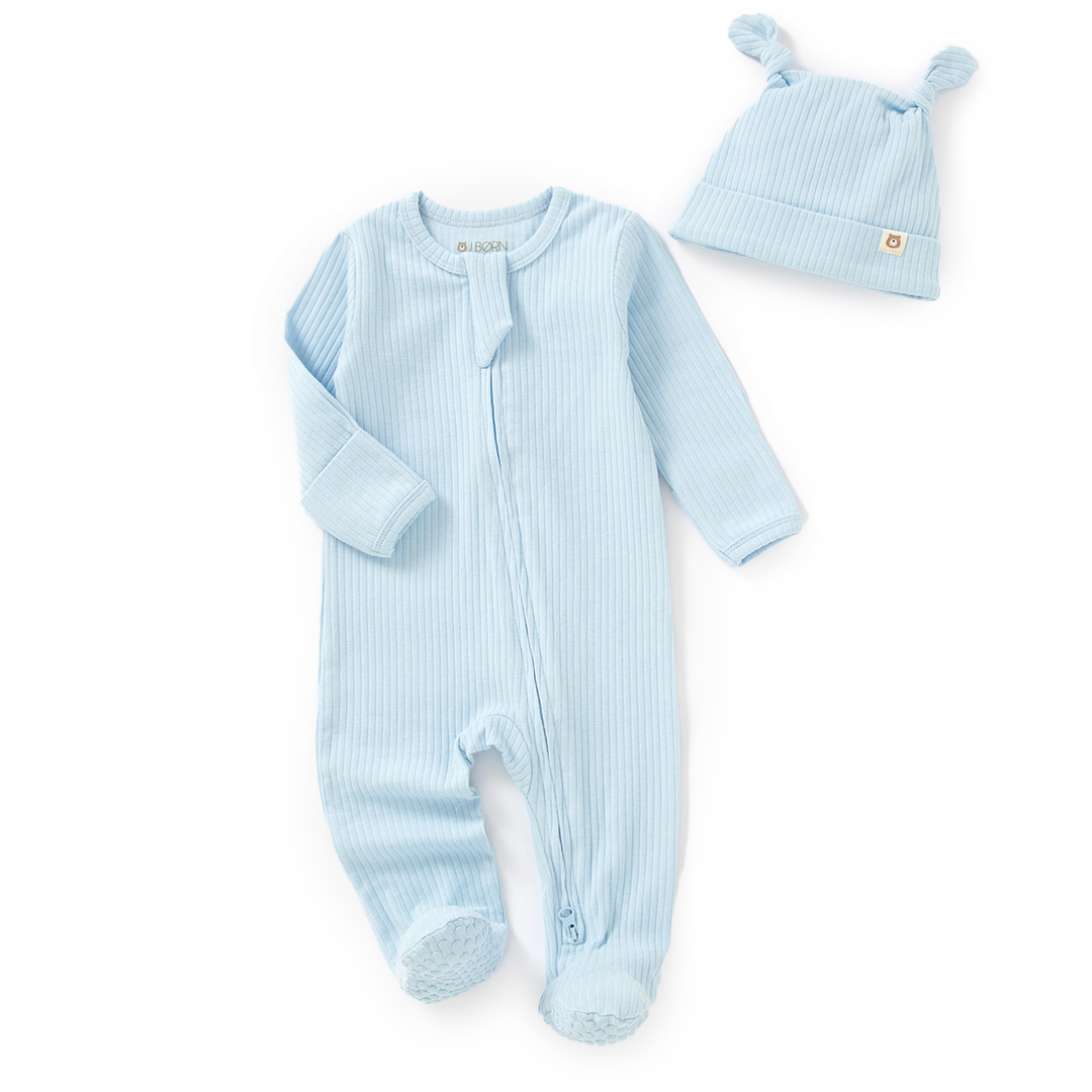 JBØRN Organic Cotton Ribbed Baby Sleep Suit and Hat Organic Cotton Sleepsuit | Baby Blue - Personalisable Baby Products Sold and Personalised by JustBørn