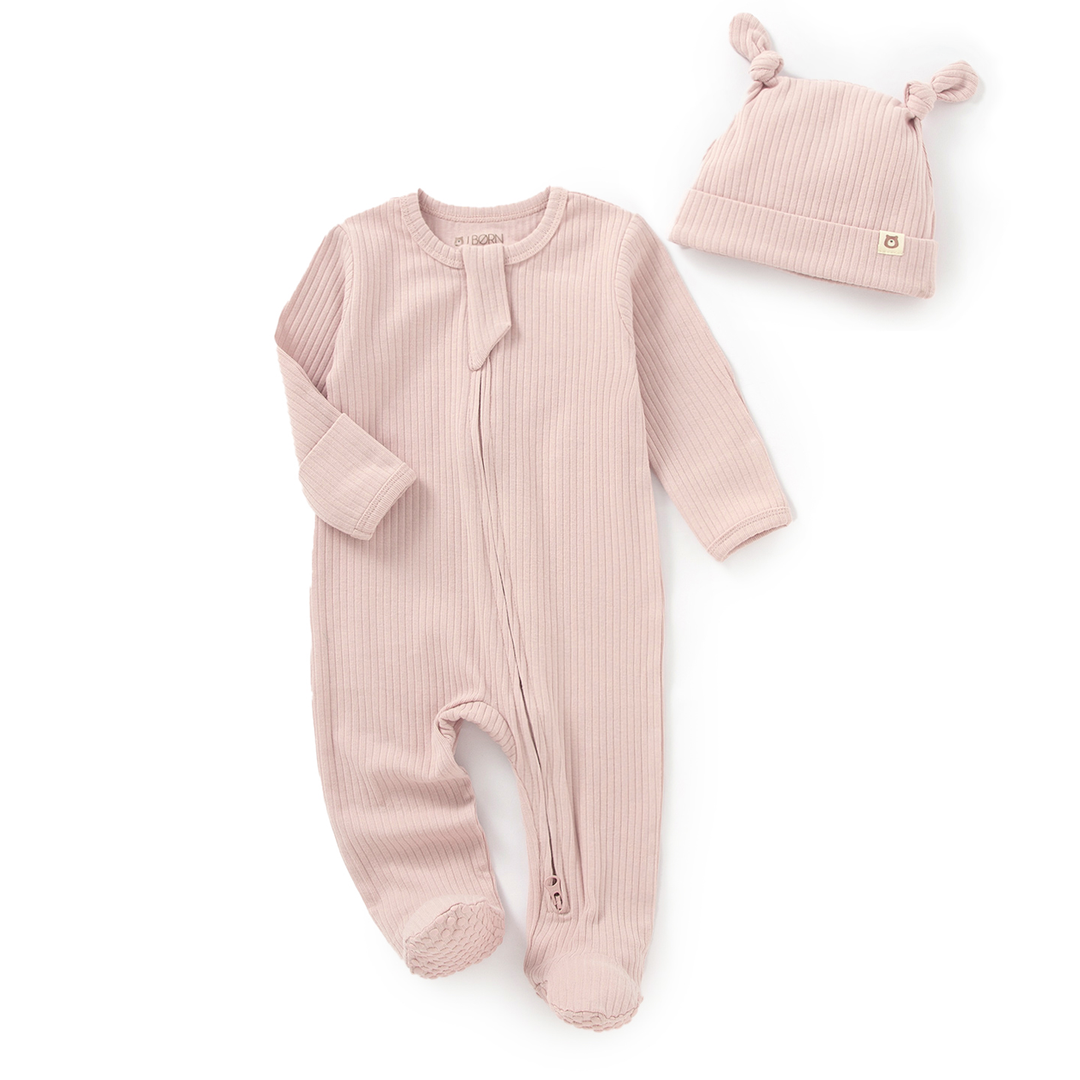 JBØRN Organic Cotton Ribbed Baby Sleep Suit and Hat Organic Cotton Sleepsuit | Blush - Personalisable Baby Products Sold and Personalised by JustBørn