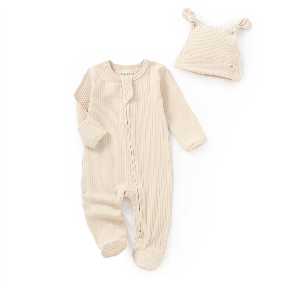 JBØRN Organic Cotton Ribbed Baby Sleep Suit and Hat Organic Cotton Sleepsuit | Cream - Personalisable Baby Products Sold and Personalised by JustBørn