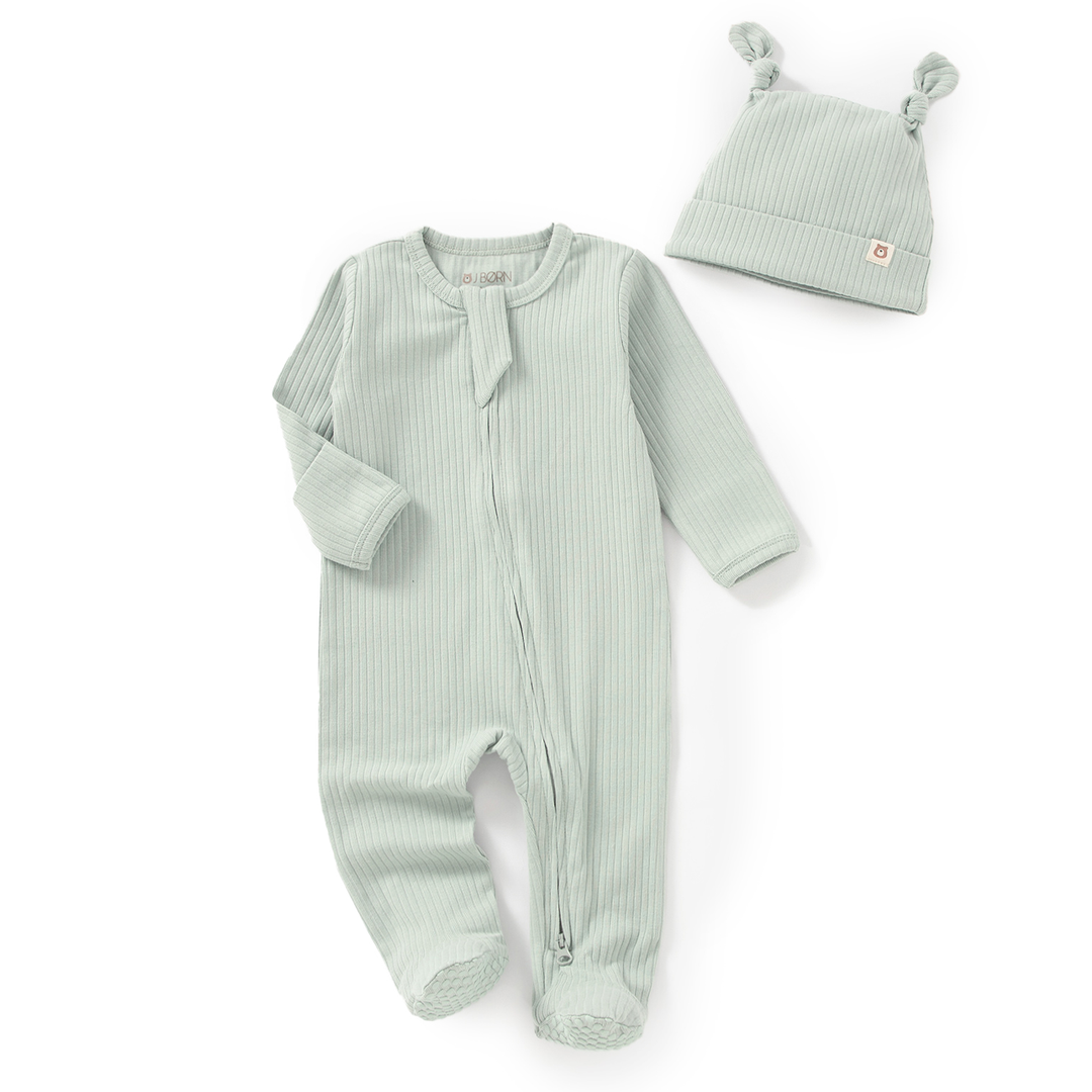 JBØRN Organic Cotton Ribbed Baby Sleep Suit and Hat Organic Cotton Sleepsuit | Sage - Personalisable Baby Products Sold and Personalised by JustBørn