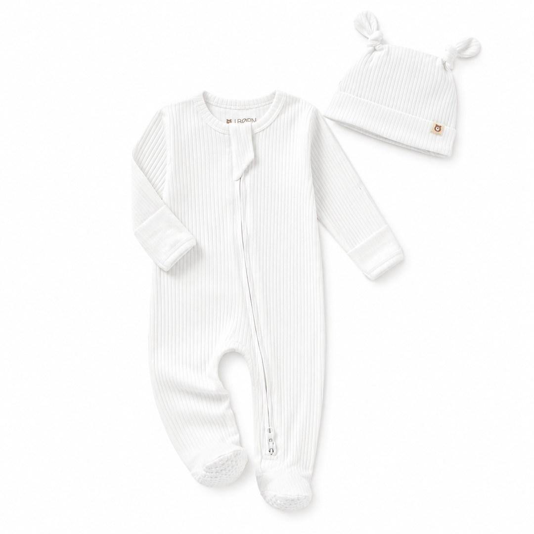 JBØRN Organic Cotton Ribbed Baby Sleep Suit and Hat Organic Cotton Sleepsuit | White - Personalisable Baby Products Sold and Personalised by JustBørn