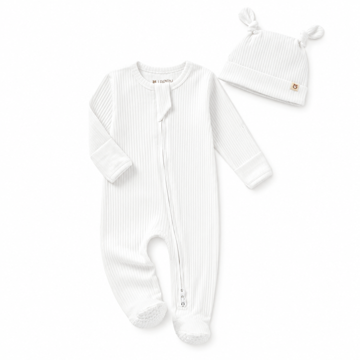 JBØRN Organic Cotton Ribbed Baby Sleep Suit and Hat Organic Cotton Sleepsuit | White - Personalisable Baby Products Sold and Personalised by JustBørn