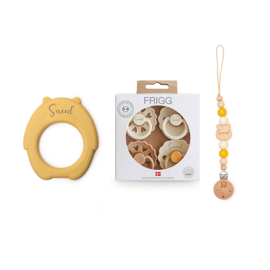 JBØRN Honey Bear Teether + FRIGG Pacifiers & Matching Clip Yes - Personalisable Baby Products Sold and Personalised by JustBørn