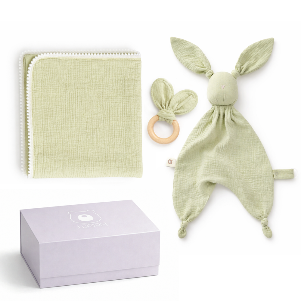 JBØRN Muslin Blanket, Comforter & Teether Set | Organic Cotton Baby Swaddle Pistachio Swaddle & Comforter Gift Set - Personalisable Baby Products Sold and Personalised by JustBørn