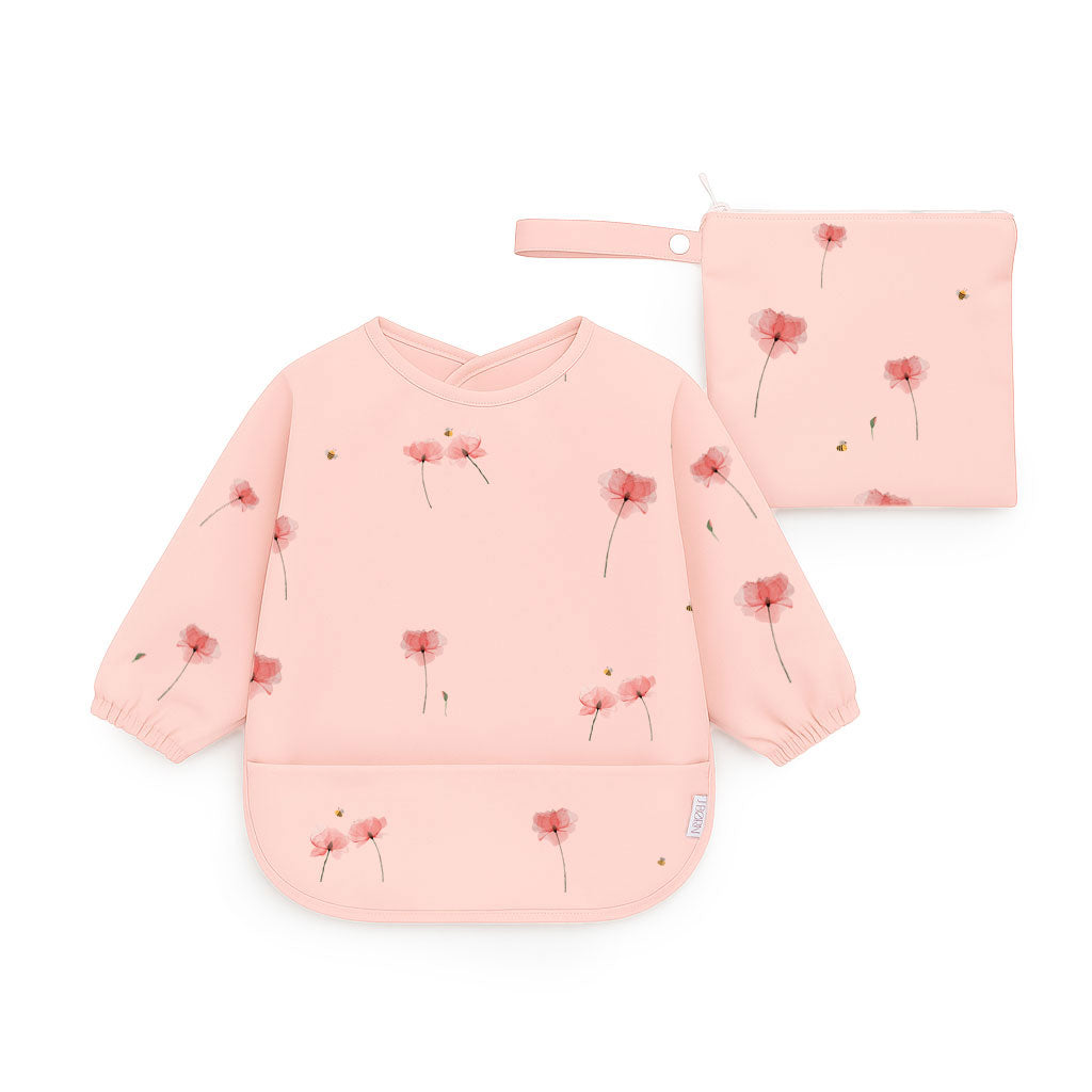 JBØRN Long Sleeve Baby Feeding Bib with Personalised Travel Bag Poppy Flowers - Personalisable Baby Products Sold and Personalised by JustBørn