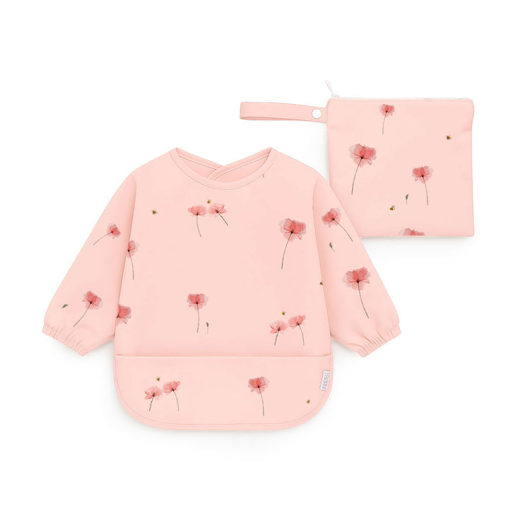 JBØRN Long Sleeve Baby Feeding Bib with Personalised Travel Bag Poppy Flowers - Personalisable Baby Products Sold and Personalised by JustBørn
