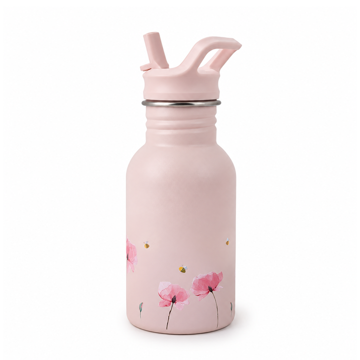JBØRN Personalised Stainless Steel Kids Water Bottle Poppy Flower Water Bottle - Personalisable Baby Products Sold and Personalised by JustBørn