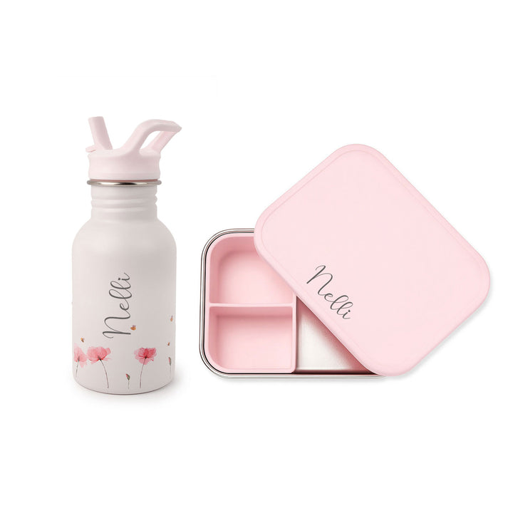JBØRN Personalised Water Bottle & Lunch Box Set Poppy Flowers No Gift Box - Personalisable Baby Products Sold and Personalised by JustBørn