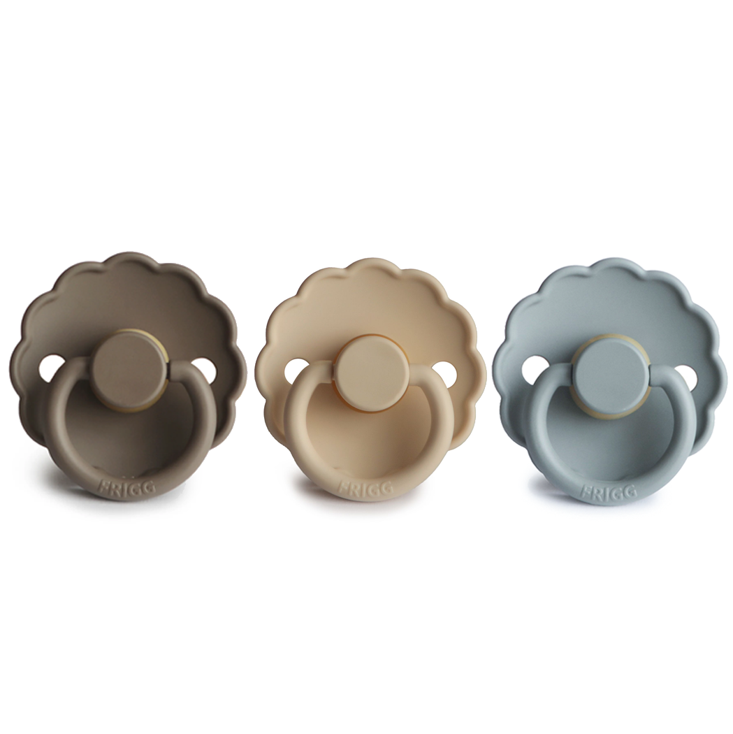 FRIGG Daisy Natural Rubber Latex Pacifier | Pack of 3 Size 1 (0-6 Months) Portobello Croissant French Gray - Personalisable Baby Products Sold and Personalised by JustBørn