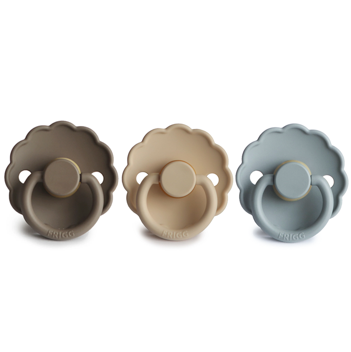 FRIGG Daisy Natural Rubber Latex Pacifier | Pack of 3 Size 1 (0-6 Months) Portobello Croissant French Gray - Personalisable Baby Products Sold and Personalised by JustBørn