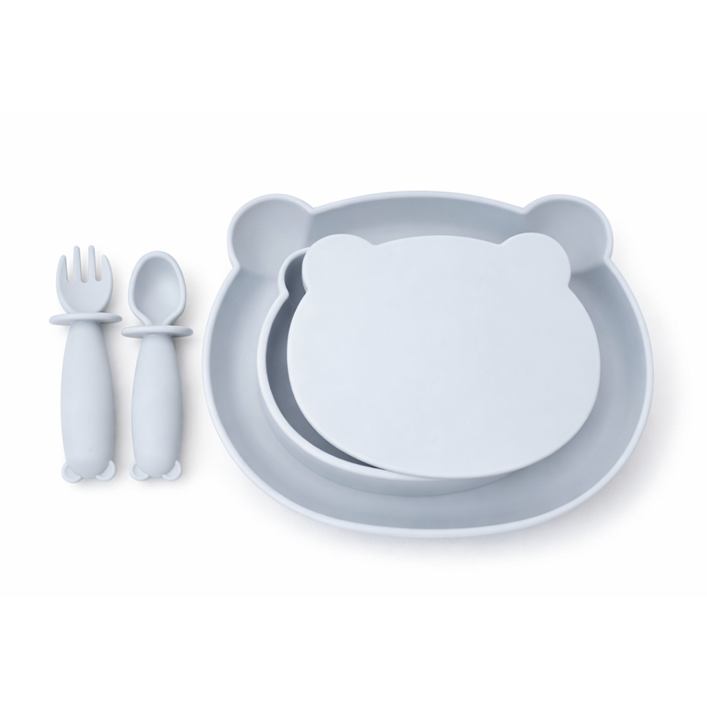 JBØRN 4-Piece Silicone Weaning Set | Suction Bowl with Lid, Plate & Cutlery Cloud - Personalisable Baby Products Sold and Personalised by JustBørn