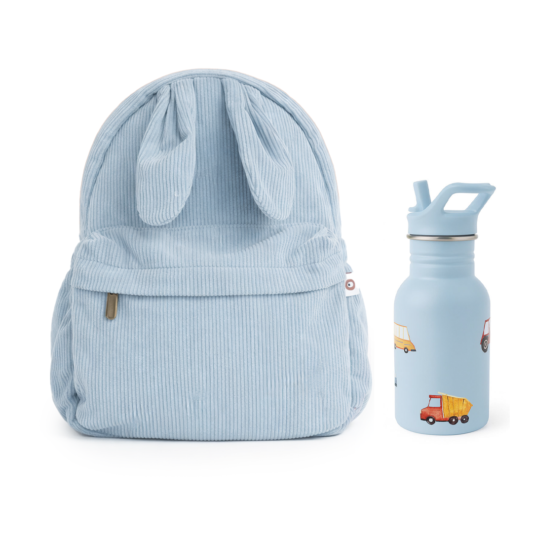 JBØRN Personalised Backpack & Water Bottle Set Powder Blue Backpack & Road Trip Bottle Set - Personalisable Baby Products Sold and Personalised by JustBørn