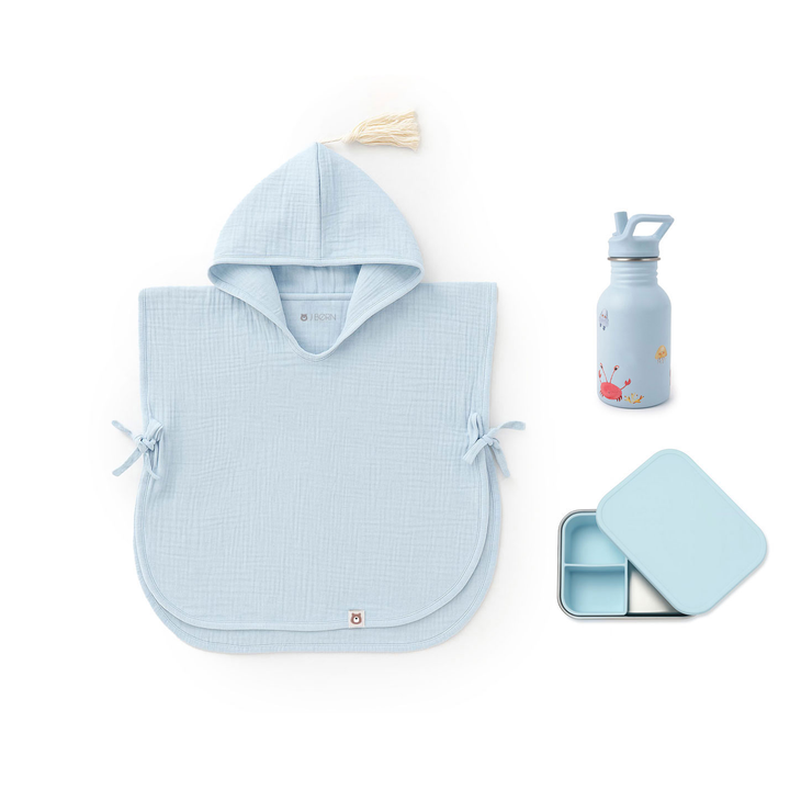 JBØRN Beach Set | Hooded Poncho, Water Bottle & Snack Box Powder Blue Beach Set - Personalisable Baby Products Sold and Personalised by JustBørn