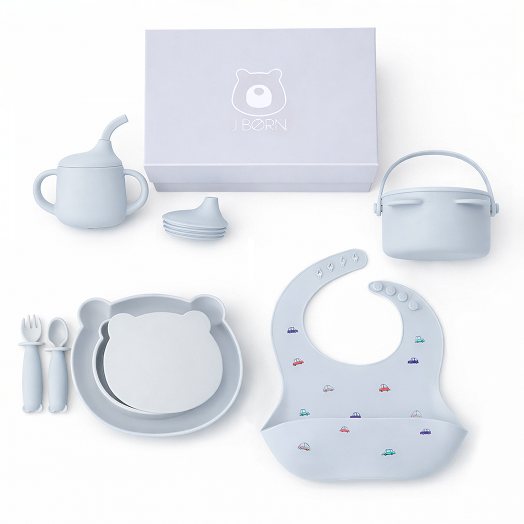 JBØRN Baby Weaning Full Essentials Gift Box Powder Blue Cars - Personalisable Baby Products Sold and Personalised by JustBørn