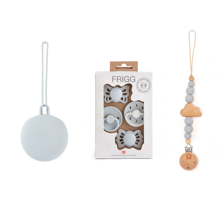 JBØRN x FRIGG Frigg Baby Pacifiers Set & Holders Set Powder Blue Moonlight Set - Personalisable Baby Products Sold and Personalised by JustBørn