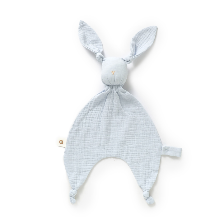 JBØRN Organic Cotton Bunny Comforter with Pacifier Loop Powder Blue Muslin Bunny - Personalisable Baby Products Sold and Personalised by JustBørn