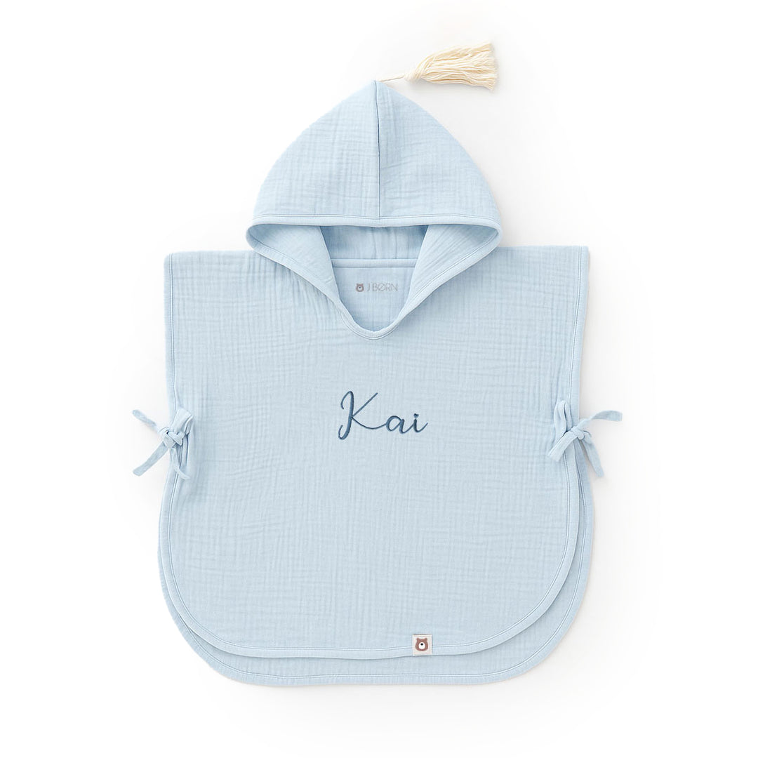 JBØRN Organic Cotton Muslin Hooded Poncho Powder Blue - Personalisable Baby Products Sold and Personalised by JustBørn