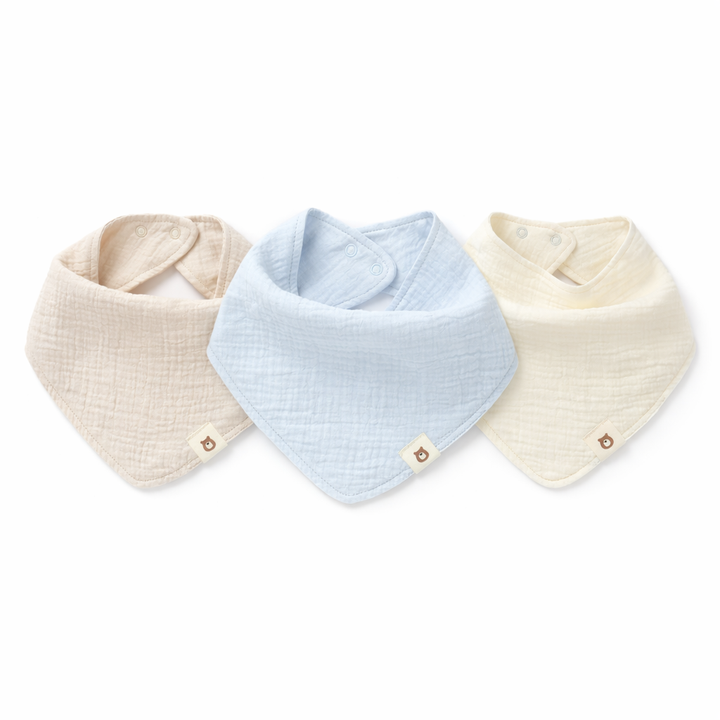 JBØRN Organic Cotton Muslin Dribble Bib Set | Pack of 3 Powder Blue Sandstone Ivory - Personalisable Baby Products Sold and Personalised by JustBørn