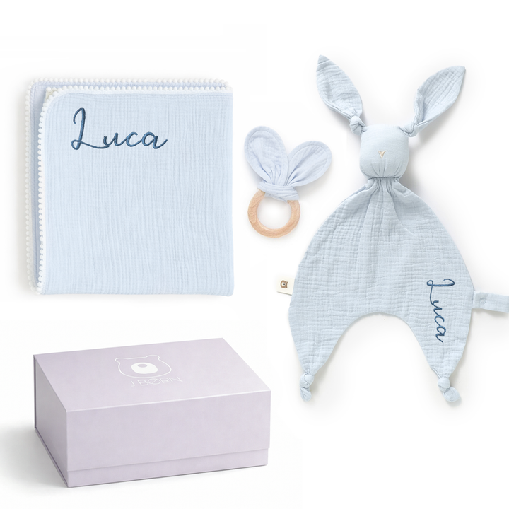 JBØRN Muslin Blanket, Comforter & Teether Set | Organic Cotton Baby Swaddle - Personalisable Baby Products Sold and Personalised by JustBørn