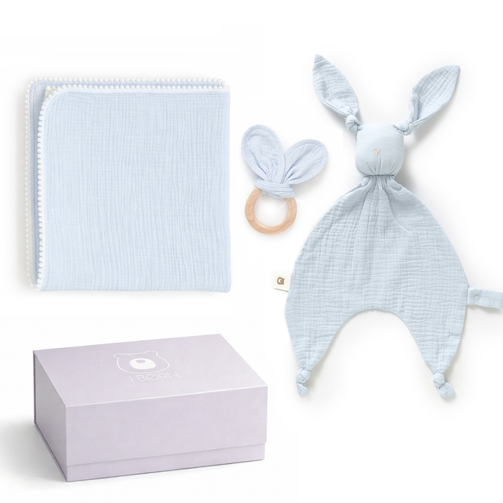 JBØRN Muslin Blanket, Comforter & Teether Set | Organic Cotton Baby Swaddle Powder Blue Swaddle & Comforter Gift Set - Personalisable Baby Products Sold and Personalised by JustBørn