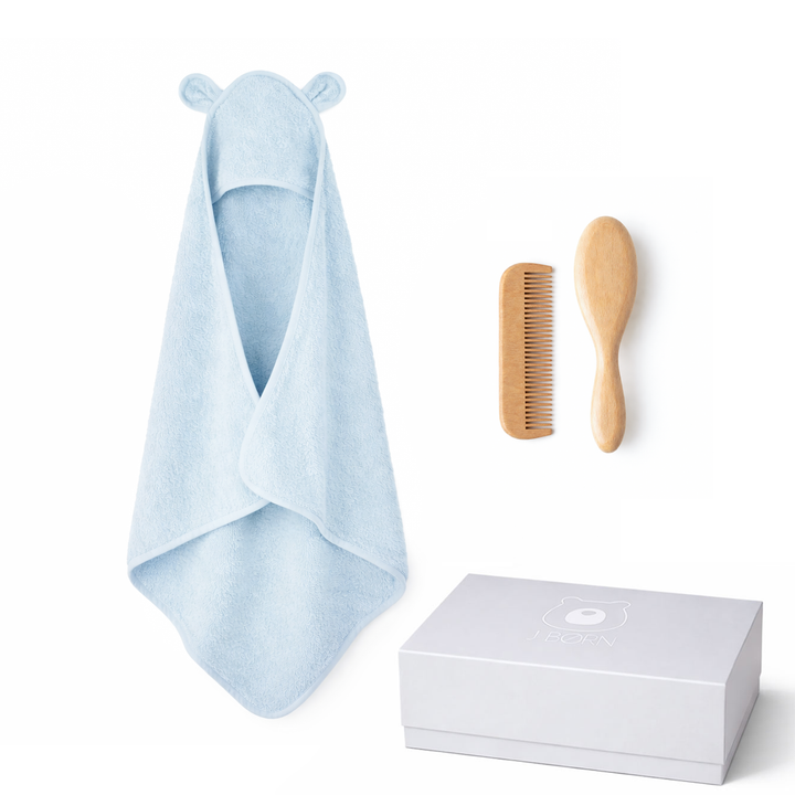 JBØRN Baby Gift Set | Organic Cotton Towel & Hair Brush Set Powder Blue - Personalisable Baby Products Sold and Personalised by JustBørn