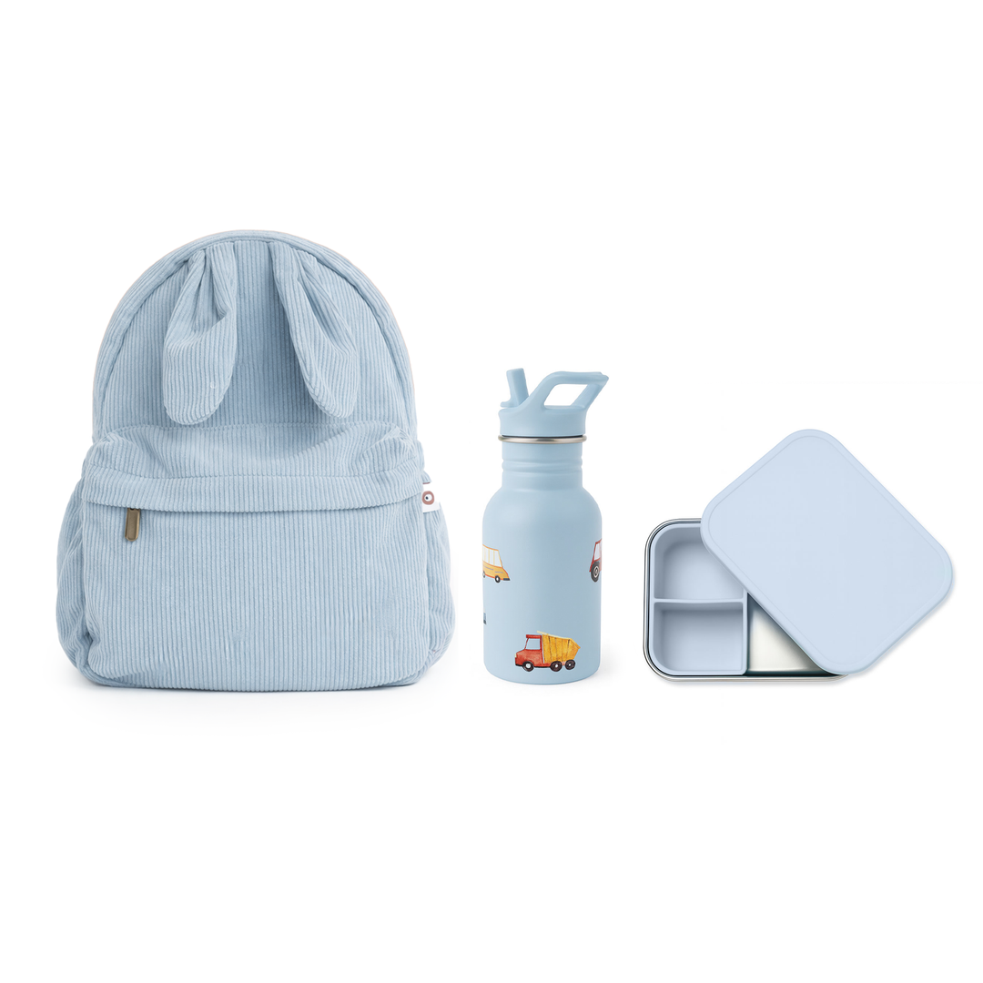 JBØRN Personalised Backpack, Water Bottle & Lunch Box Gift Set Powder Blue Travel Bundle - Personalisable Baby Products Sold and Personalised by JustBørn