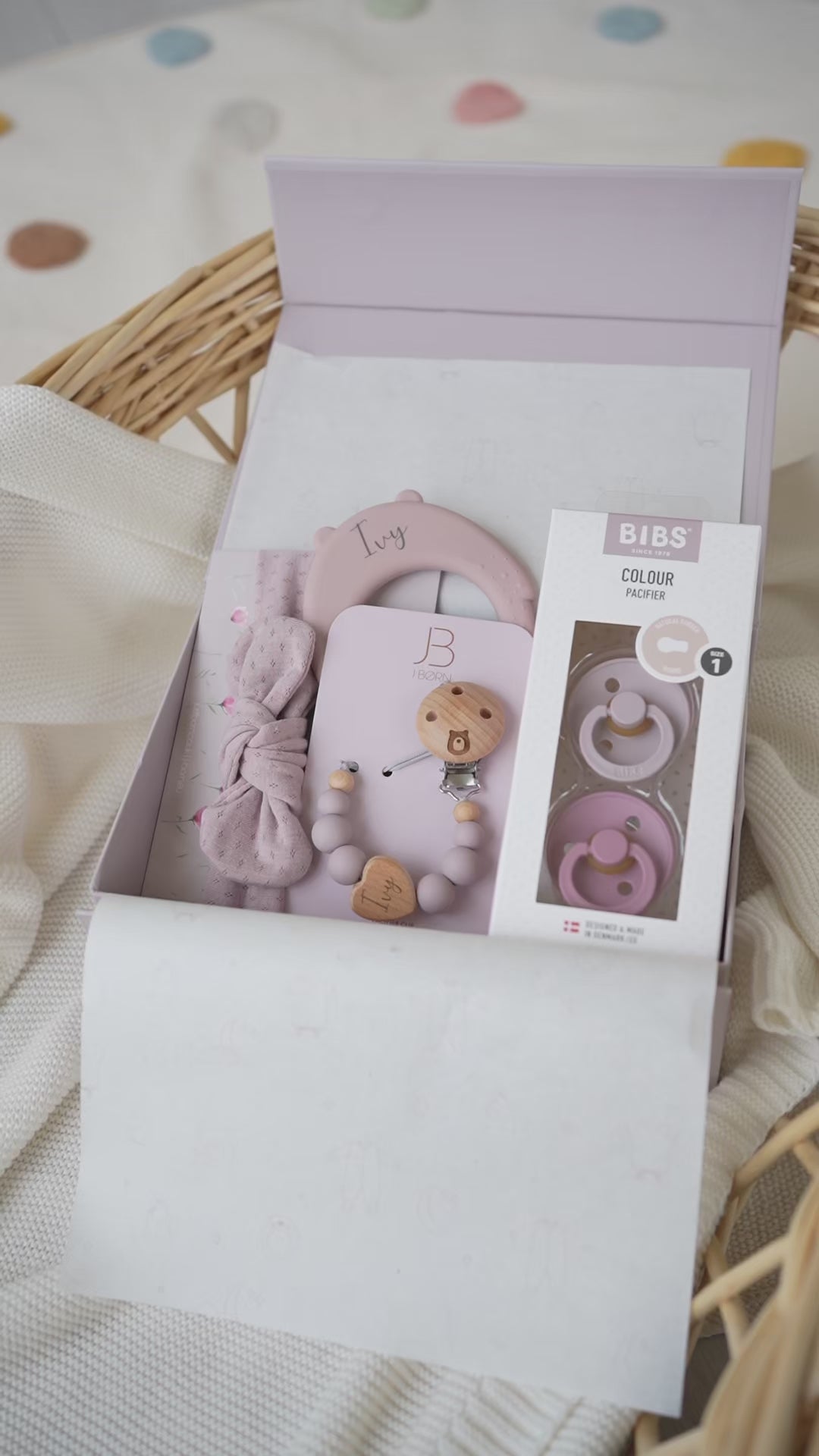 JBØRN Baby Girl Accessories Gift Set | BIBS Pacifiers & Matching Clip, Headband & Personalised teether