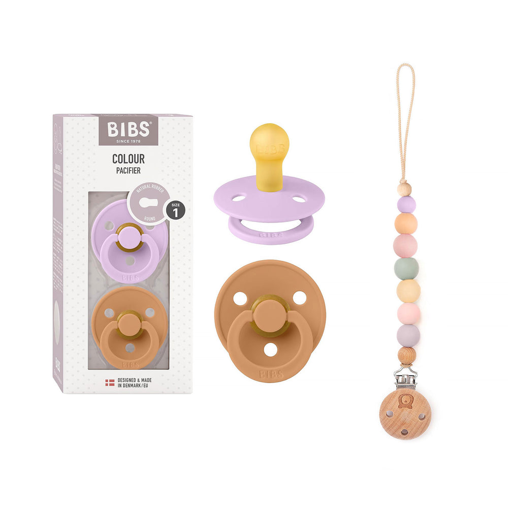 Pack of 2 BIBS Colour Latex Pacifiers & Rainbow Pacifier Clip | 0-6 Months | Size 1 - Personalisable Baby Products Sold and Personalised by JustBørn