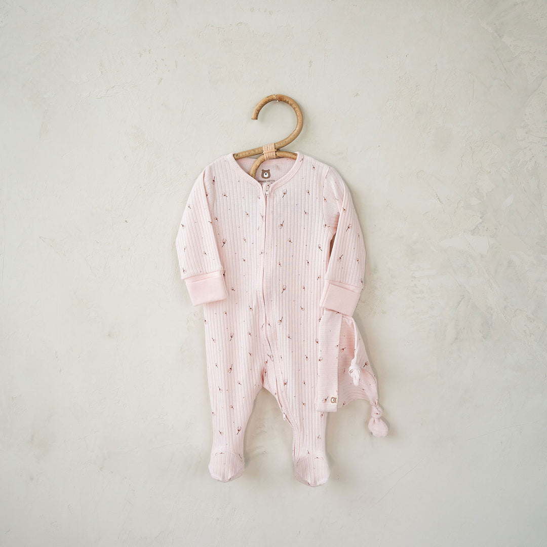JBØRN Organic Cotton Ribbed Lightweight Sleep Suit and Hat 0-3 months Ribbed Blossom & Cotton Flowers - Personalisable Baby Products Sold and Personalised by JustBørn