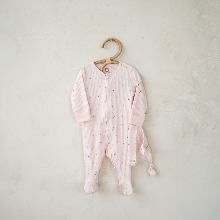 JBØRN Organic Cotton Ribbed Lightweight Sleep Suit and Hat 0-3 months Ribbed Blossom & Cotton Flowers - Personalisable Baby Products Sold and Personalised by JustBørn