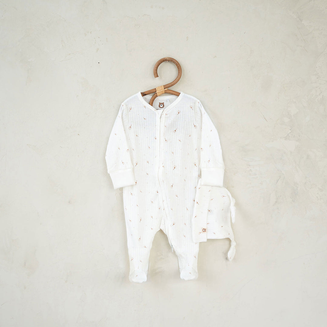 JBØRN Organic Cotton Ribbed Lightweight Sleep Suit and Hat 0-3 months Ribbed Ivory & Cotton Flowers - Personalisable Baby Products Sold and Personalised by JustBørn