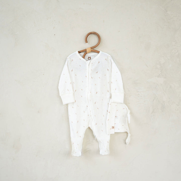 JBØRN Organic Cotton Ribbed Lightweight Sleep Suit and Hat 0-3 months Ribbed Ivory & Cotton Flowers - Personalisable Baby Products Sold and Personalised by JustBørn
