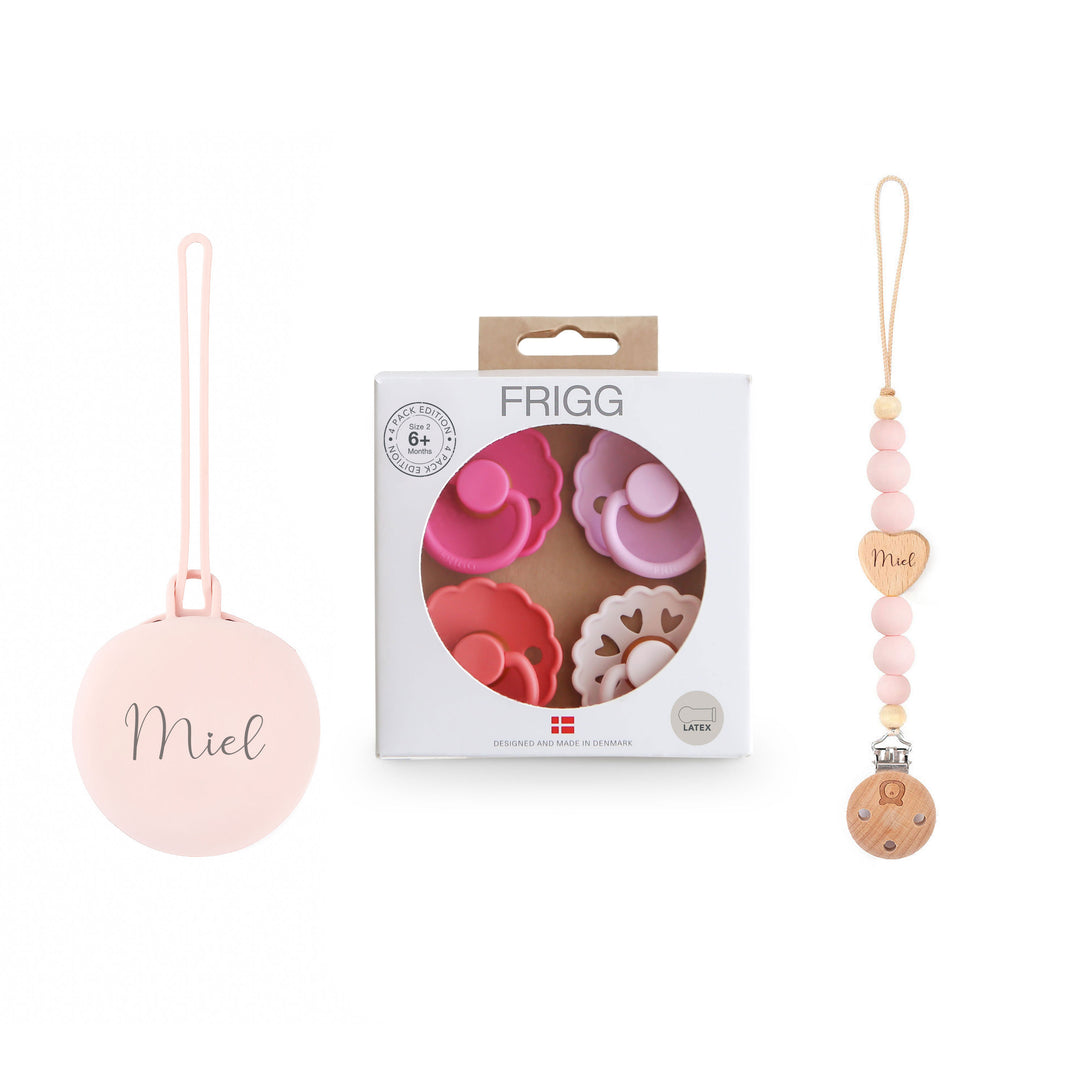 FRIGG Natural Rubber Latex Pacifier Pack of 4 & Personalised Matching Holders Rosy Romance Yes - Personalisable Baby Products Sold and Personalised by JustBørn