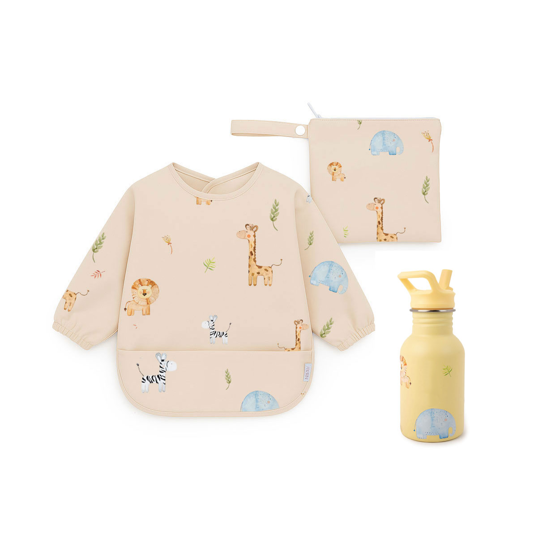 JBØRN First Birthday Gift | Personalised Water Bottle & Matching Sleeved Bib Safari Park - Personalisable Baby Products Sold and Personalised by JustBørn
