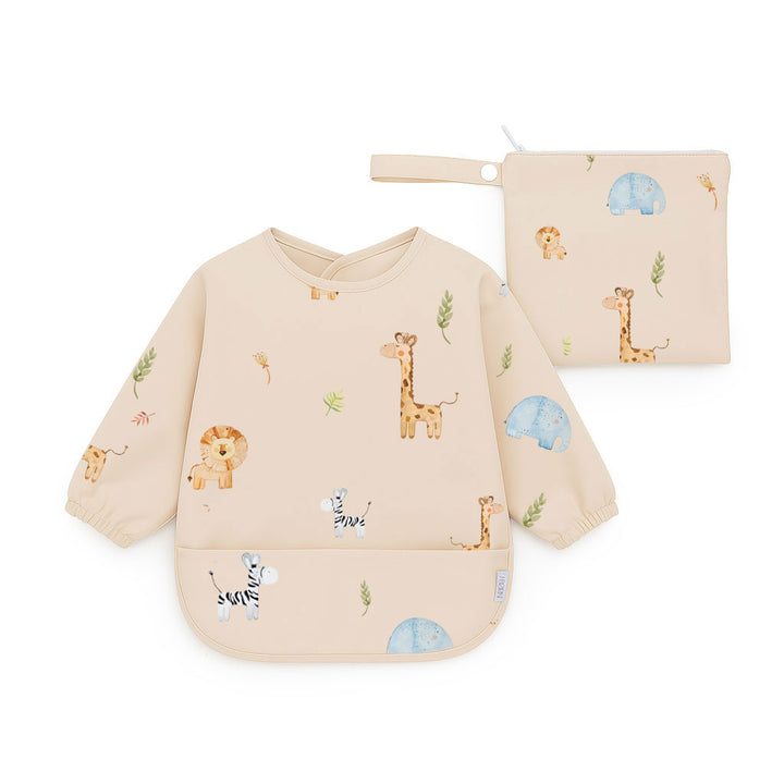 JBØRN Long Sleeve Baby Feeding Bib with Personalised Travel Bag Safari Park - Personalisable Baby Products Sold and Personalised by JustBørn
