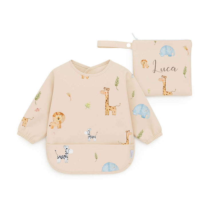 JBØRN Long Sleeve Baby Feeding Bib with Personalised Travel Bag Safari Park Yes - Personalisable Baby Products Sold and Personalised by JustBørn