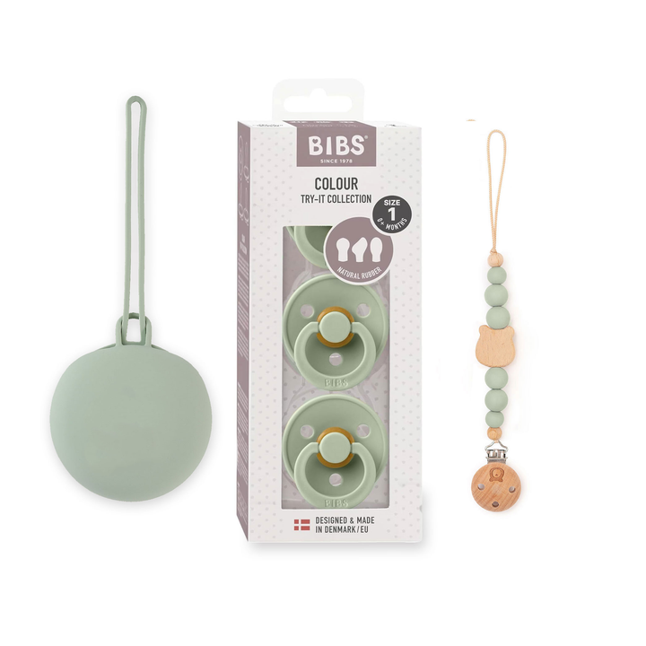 JBØRN X BIBS Gift Box | Baby's First Pacifier Pack & Holders Set Sage - Personalisable Baby Products Sold and Personalised by JustBørn