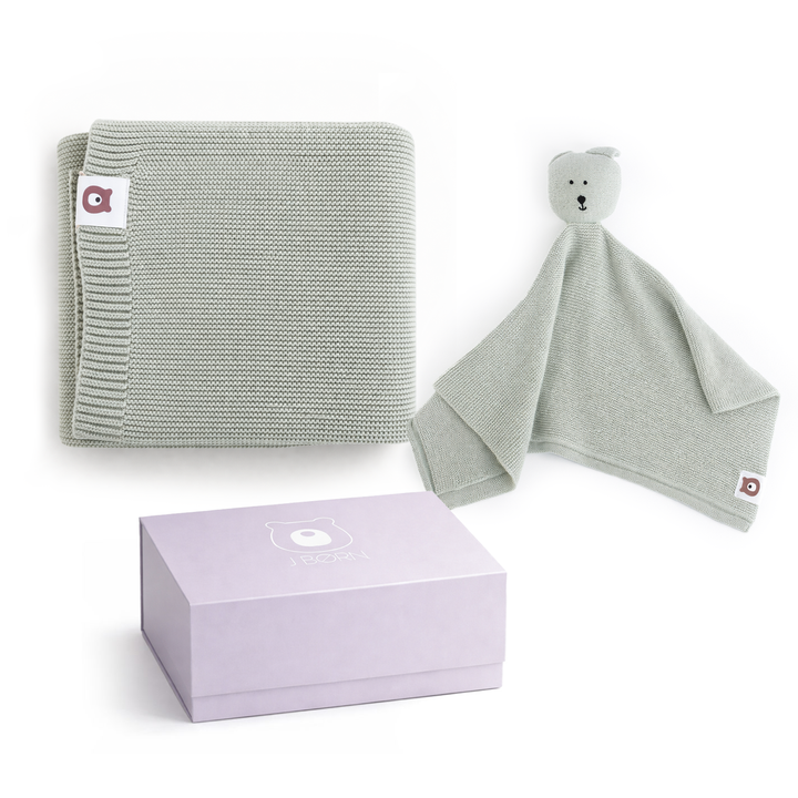 JBØRN Knitted Blanket & Comforter Gift Set Sage Knitted Blankets Gift Set - Personalisable Baby Products Sold and Personalised by JustBørn