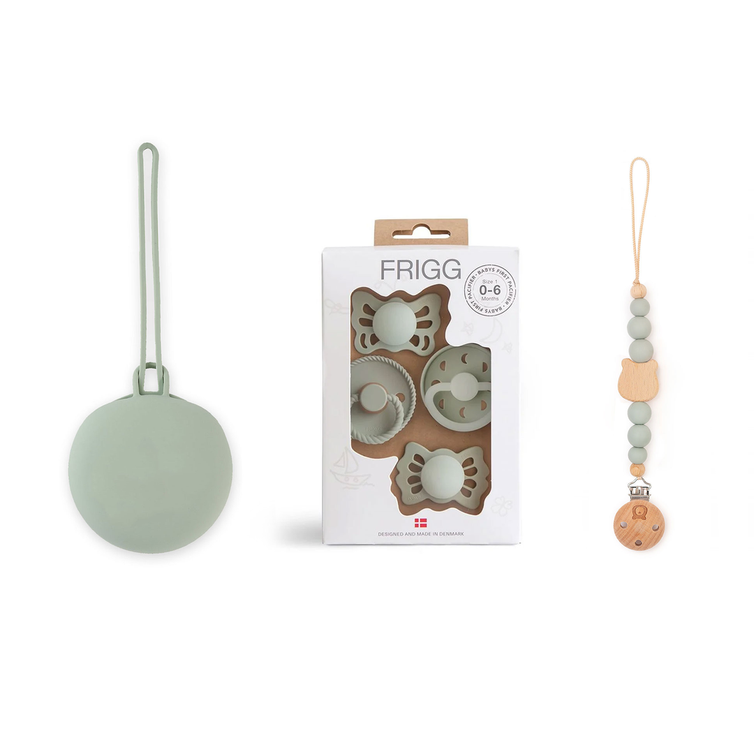 JBØRN x FRIGG Frigg Baby Pacifiers Set & Holders Set Sage Moonlight Set - Personalisable Baby Products Sold and Personalised by JustBørn