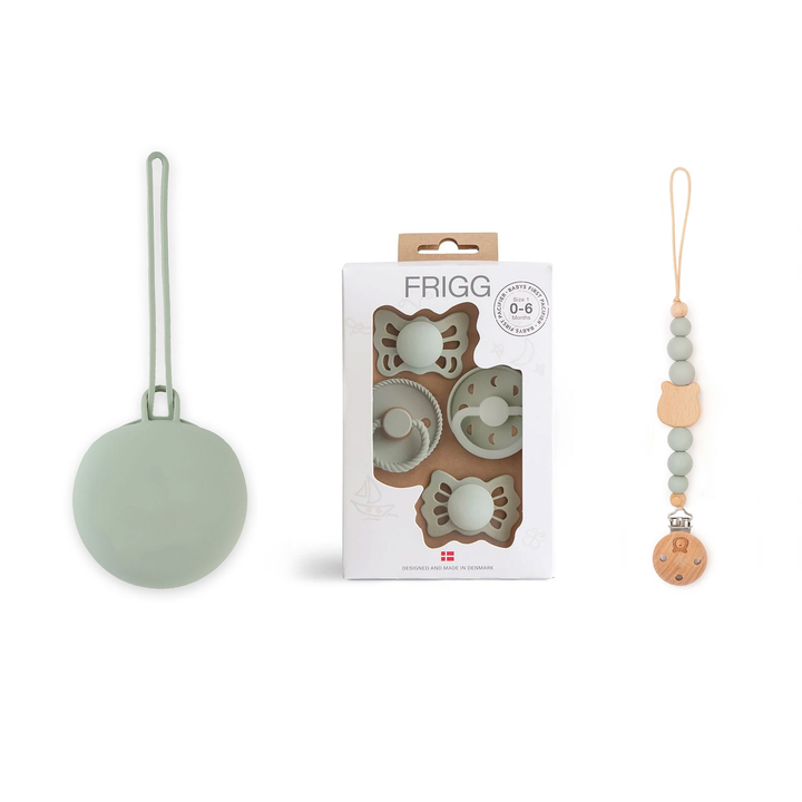JBØRN x FRIGG Frigg Baby Pacifiers Set & Holders Set Sage Moonlight Set - Personalisable Baby Products Sold and Personalised by JustBørn