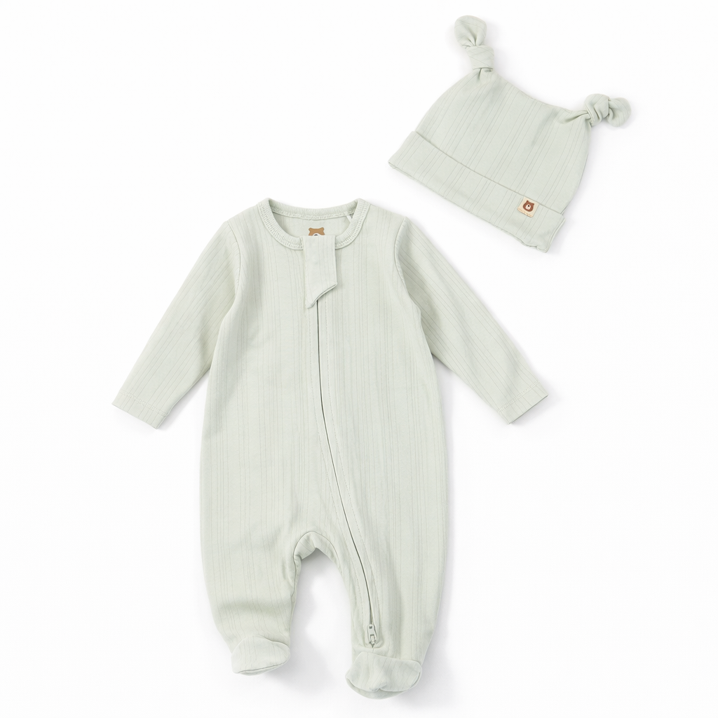 JBØRN Ribbed Bamboo Sleepsuit with Hat | 0–6M Sage | Sleepsuit & Hat Set - Personalisable Baby Products Sold and Personalised by JustBørn